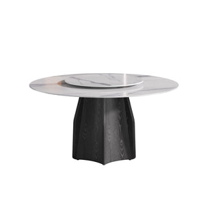 English Elm 59.05" Round Marble Dining Table With Black Oak Base & White Turntable - Seats 6-8, Stylish & Durable W1535S00386