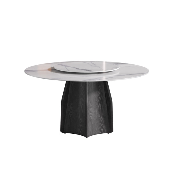 English Elm 59.05" Round Sintered Stone Dining Table Seats 8 with Oak Base and Lazy Susan W1535S00616