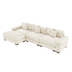 English Elm 130" Oversized Modular L-Shape Sectional Couch In Cream, Luxurious Corduroy, Ergonomic With Ottoman & 9 Pillows W714S01288