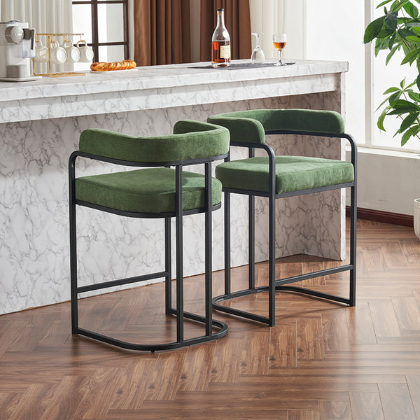 English Elm Modern Chenille Counter Stools Set of 2 — Upholstered Ergonomic Bar Chairs with Metal Frame & Armrests for Kitchen Island Green W1901P264277