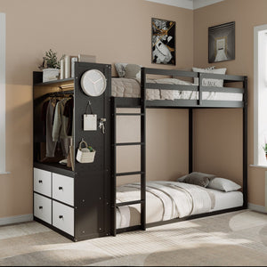 English Elm Twin Bunk Bed with Storage Drawers Hanging Rail Led Shelves and Pegboard Organizer Black LT000282AAB
