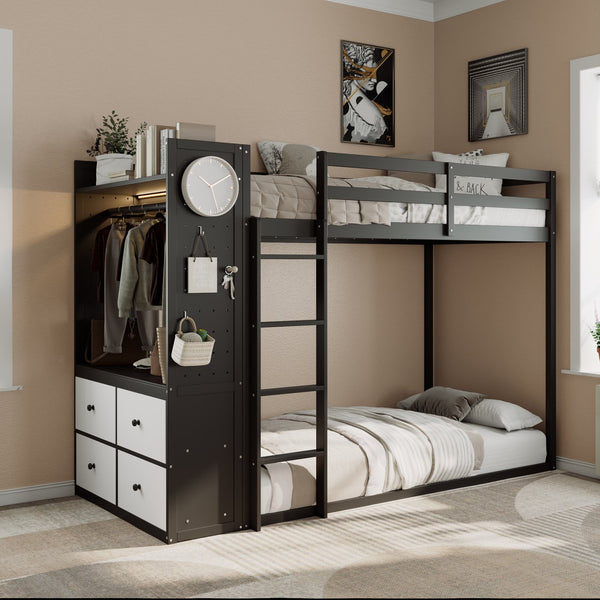 English Elm Twin Bunk Bed with Storage Drawers Hanging Rail Led Shelves and Pegboard Organizer Black LT000282AAB