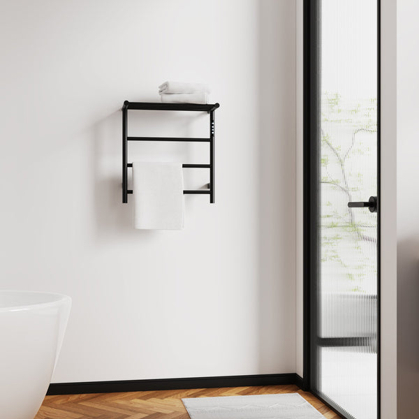 English Elm Heated Carbon-Fiber Towel Rack with Top Shelf and Timer, Rapid 3–7min Warmth, IPX4 Waterproof Black T3177P305030