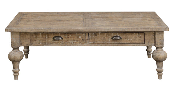English Elm Wallace & Bay - Taupe Rustic Solid Wood Coffee Table – Sandstone Buff Finish, Easy-Care, 52" x 32" x 18" Centerpiece B2709P212410
