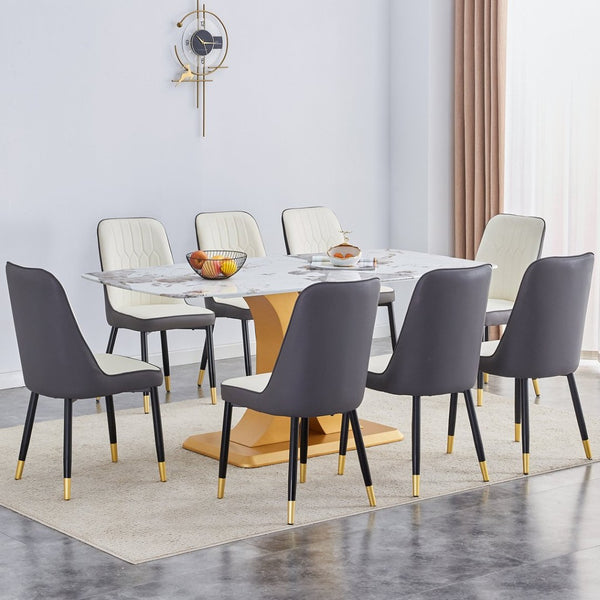 English Elm Table Set With Luxurious Pandora Glass Top & Gold C-Shaped Legs, 8 Ergonomic Pu Chairs Included W1151S03247-GIGA