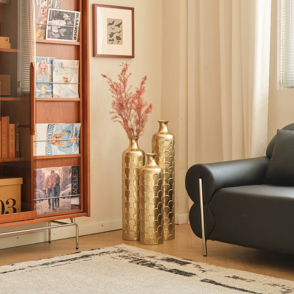 English Elm Floor Metal Vases Set Of 3 - Elegant Tall Decor With White And Gold Accents For Modern Interiors W2796P237520