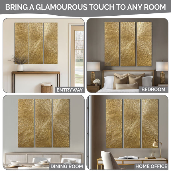 JLA Home Madison Park Signature - Hand Painted Dimensional Resin Triptych Sunburst Wall Art Set with Gold Metallic Texture, 3pc MPS95B-0040