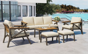 English Elm 6-piece Outdoor Conversation Set with Acacia Wood Accents and Steel Frame Patio Seating Brown,Cream Beige N704G201256A