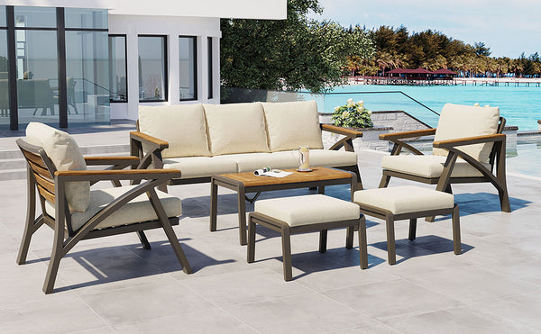 English Elm 6-piece Outdoor Conversation Set with Acacia Wood Accents and Steel Frame Patio Seating Brown,Cream Beige N704G201256A