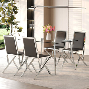 English Elm Table and Chair Set Tempered Glass Top with Silver Metal Legs Modern Luxury Dining for Four Black+Silver,Transparent W1151S04786
