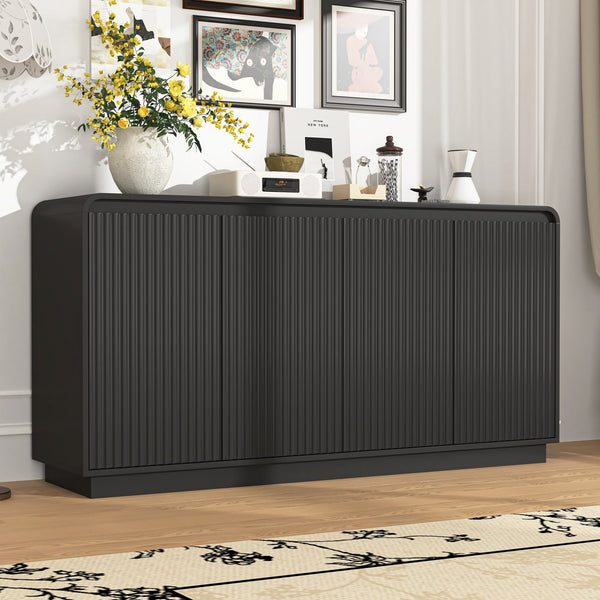 English Elm Black Fluted Wave Door Media Console with Built-in Power Outlet and Adjustable Shelving Black W409P452057