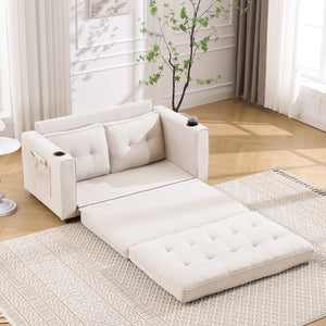 English Elm {VIDEO Modern 3-in-1 Upholstered Futon Sofa Convertible Bed with Tufted Foldable Loveseat, Beige, Storage Cups W2325P195865