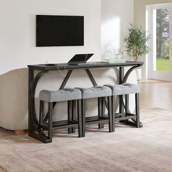 English Elm 59 Inch Bar Table Set with Power Outlet Rubberwood Frame and 3 Linen Stools Black W2972P385253