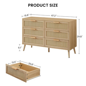 English Elm Bedroom Dresser: Versatile 6-Drawer Rattan Chest For Kids' Rooms & Hallways - Natural Wood Finish! W1162P190401
