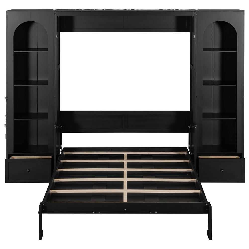 English Elm Queen Murphy Platform Bed with Foldaway Cabinet, Built-In LED, Side Cabinets & Drawers for Small Spaces Black N7090002226B