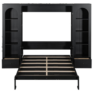 English Elm Queen Murphy Platform Bed with Foldaway Cabinet, Built-In LED, Side Cabinets & Drawers for Small Spaces Black N7090002226B