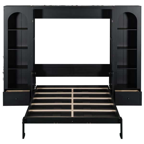 English Elm Queen Murphy Platform Bed with Foldaway Cabinet, Built-In LED, Side Cabinets & Drawers for Small Spaces Black N7090002226B