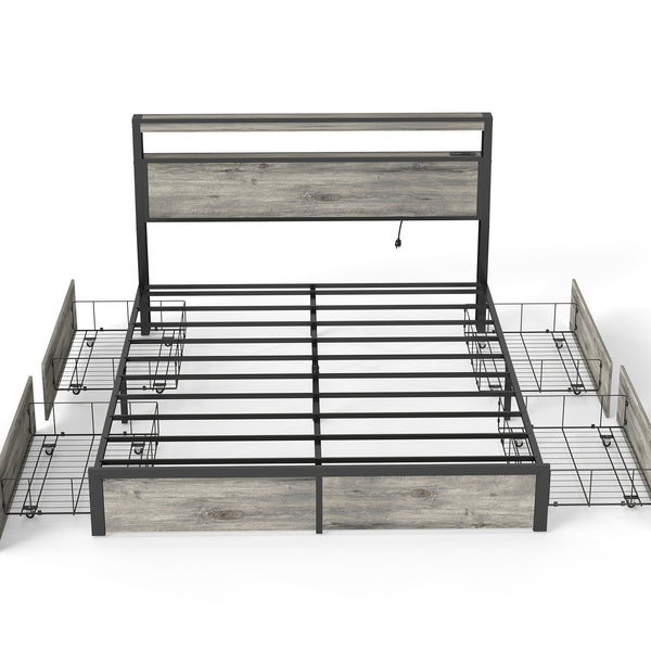 English Elm Queen Metal Platform Bed with Rgb Led Headboard Charging Station and Underbed Storage T3963P482868