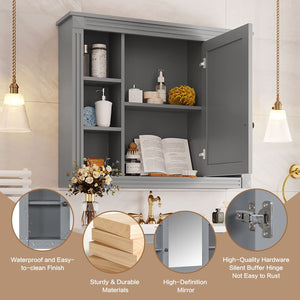 English Elm 35'' Modern Medicine Cabinet with Mirror and Towel Rod, MDF Wall-Mounted Bathroom Storage with Adjustable Shelves and Soft-Close Hinges Grey WF305081AAE