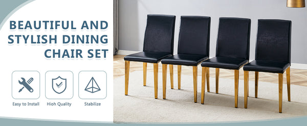 English Elm Four PU dining chairs with sleek silver metal legs, ergonomic PU seats, anti-slip feet, easy assembly, modern minimalist style Black+Gold W1151P269024