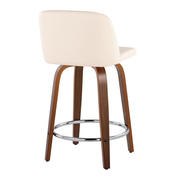 English Elm 24" Mid-century Swivel Barstools Walnut Tapered Legs Faux Leather Seat Chrome Footrest Set Cream B202S00133