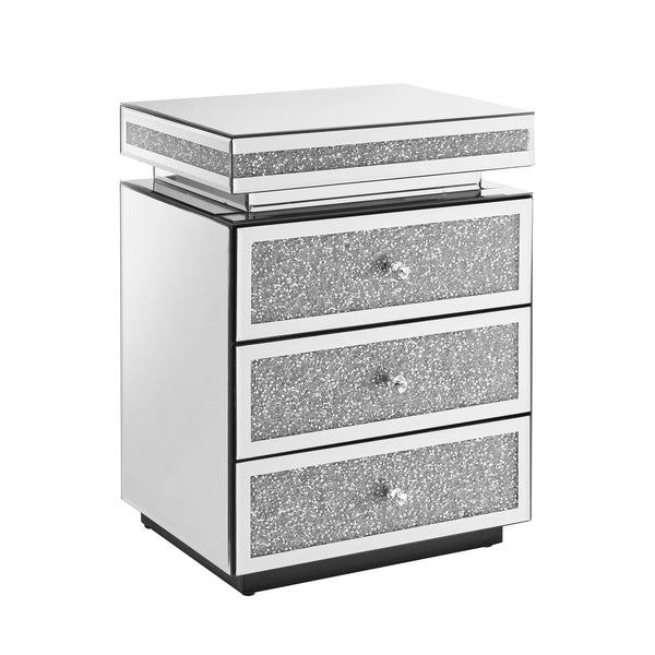 English Elm Mirrored Three Drawer Nightstand with Crystal Diamond Inlay Glam Bedside Storage W1005P248529