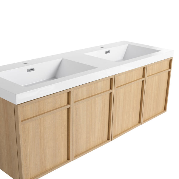English Elm 60" 60" Wall-Mounted Bathroom Vanity with Double Resin Sink, 4 Soft-Closing Doors, Oak Finish W1972P315223