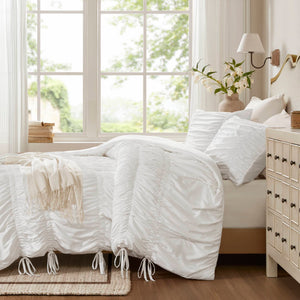 English Elm 2pcs Shabby Chic Ruched Comforter Set Bow Trim Brushed Polyester Fill Romantic Bedroom White B035P341082