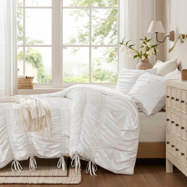 English Elm 2pcs Shabby Chic Ruched Comforter Set Bow Trim Brushed Polyester Fill Romantic Bedroom White B035P341082