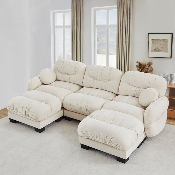 English Elm Pleated Chenille U-shape Sectional Sofa with Ottomans Ergonomic Foam Curved Armrests Beige W5656S00042
