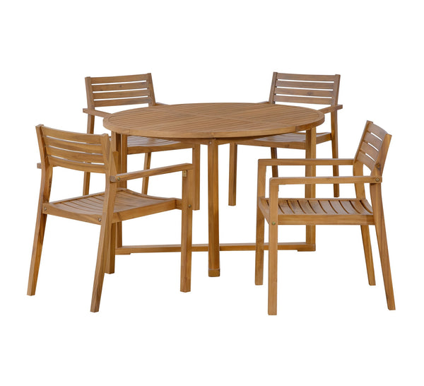 English Elm U_style Solid Acacia Wood Round Outdoor Dining Set Seats Four with Slatted Design Natural WY000475AAO