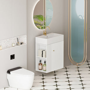 English Elm 21.6" Floating Bathroom Vanity White Wood Ceramic Sink Soft Close Cabinet Storage W1573S00090