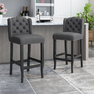 English Elm Christopher Knight Home® - Vienna Tufted Wingback Counter Stools Set of 2 — Button-Tufted Fabric, Nailhead Trim, Rubberwood Frame Charcoal 64856.00CHAR