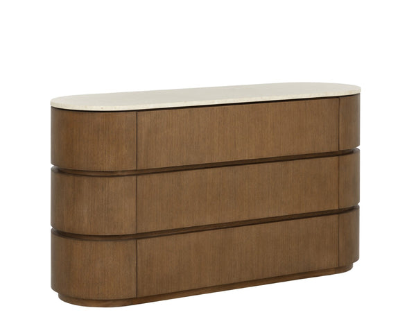 Sunpan CALDORA Dresser - Sculptural Oak-Veneer Design with Polished Marble Top & Soft-Closing Drawers 112890