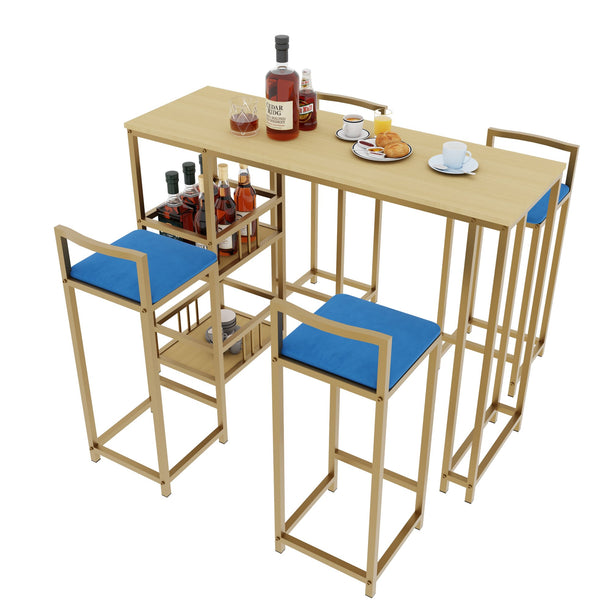 English Elm Bar Table and Four Cushioned Chairs Gold Iron Frame with Built-in Shelf Coastal Style W3064P245382