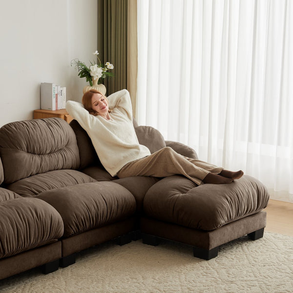 English Elm Pleated Chenille Three Seater Modular Sofa with Ergonomic Foam and Curved Armrests Brown W5656S00058