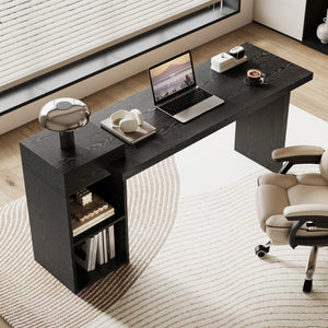 English Elm Modern Wood Grain Console Table with Two Tier Shelving for Entryway or Living Room Black W3875S00030