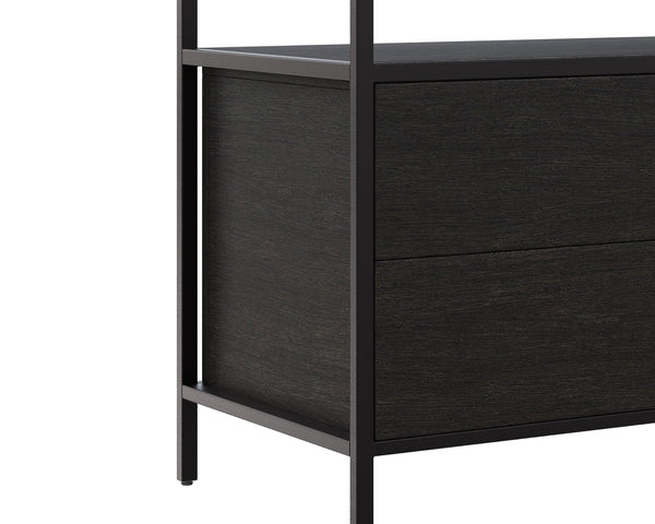 Sunpan Norwood Bookcase: Modern Concrete & Pine Wood Design with Black Metal Frame for Stylish Storage Solutions