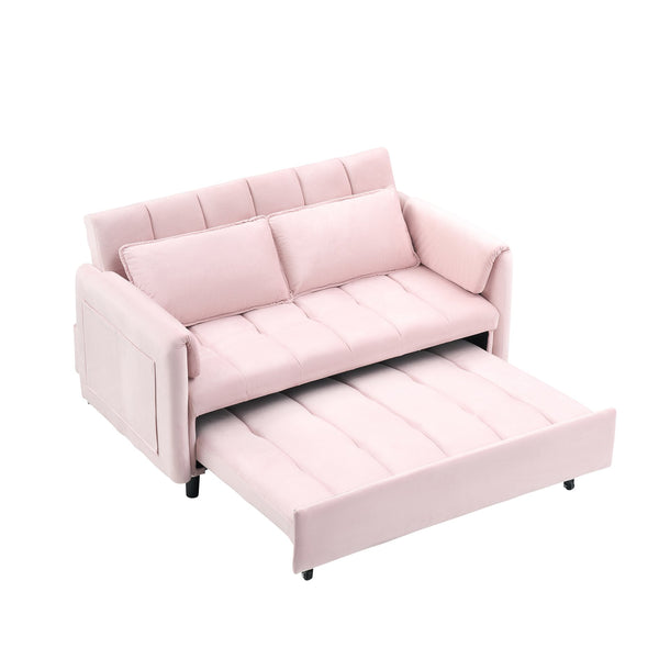 English Elm 52 Pink Modern Velvet Sofa Bed 3-in-1 Convertible Loveseat with Pillows, Pockets, Metal Legs, Compact Design W1658P266338