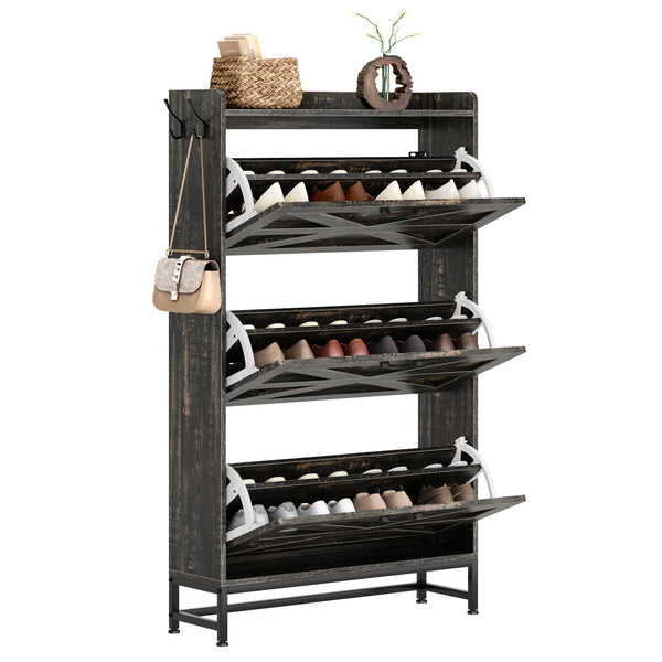 English Elm Shoe Organizer Cabinet with Anti-Tip Safety, Slim Entryway Storage Rack with Open Top Shelf for Keys and Decor Gray+Charcoal W2896P215175