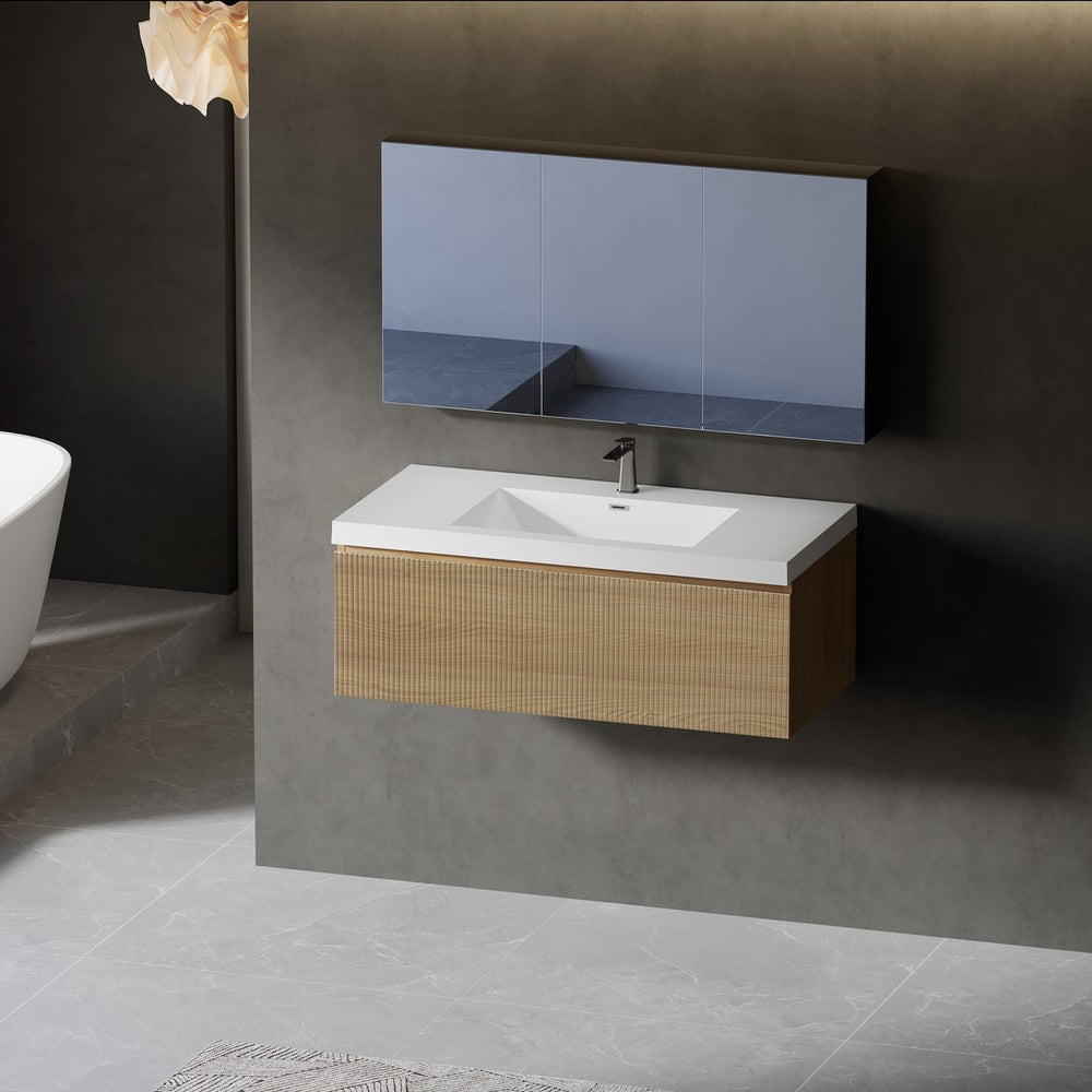 English Elm 42'' Floating Vanity Smoked Walnut Fluted Ink Black Drawer Soft Close Quartz Basin Oak Natural Wood + Off White W1573P265200