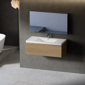 English Elm 42'' Floating Vanity Smoked Walnut Fluted Ink Black Drawer Soft Close Quartz Basin Oak Natural Wood + Off White W1573P265200