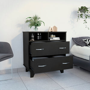 English Elm Portobelo modern two-drawer dresser with open shelves, sturdy top & four legs for stylish storage and display Black 36 L x 21 W x 4 H B128S00109