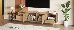 English Elm Boho Natural Rattan TV Stand for Up to 85" TVs, 3 Drawers + Cabinets & Open Shelves, Modern Wood console with organic texture and sturdy 110 lb capacity N710P339452P