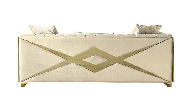 English Elm Velencia 3Pc Cream Velvet Living Room Set with Gold X Inlay, Tufted Cushions & Solid Wood Frame B009S01944