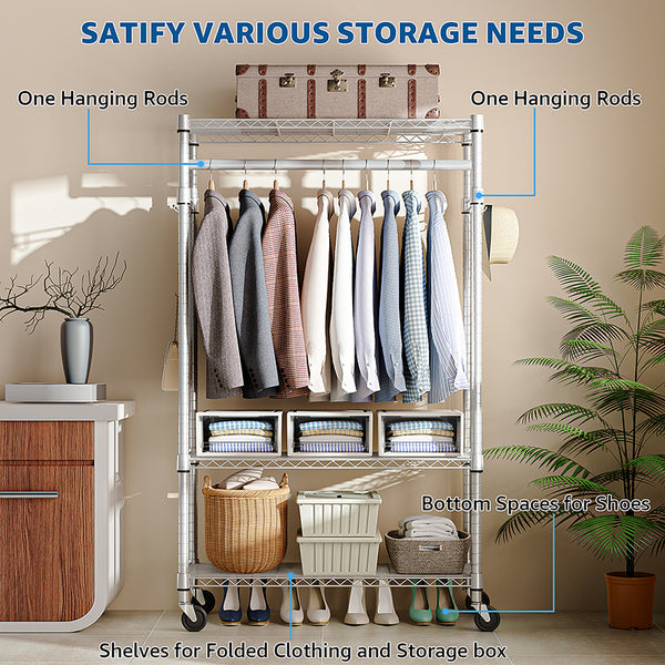 English Elm Heavy Duty Rolling Garment Rack Three Tier Wire Shelving with Hooks for Closet W5386P503916