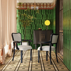 English Elm Upholstered Dining Chairs Set of 2 — Beige Linen-Blend Cushions, Solid Walnut Frame, Curved Classic Style N842P319126B