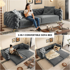English Elm 97.6" Oversized Velvet Chesterfield Sleeper Sofa Floral Tufted Roll Arm Living Room Couch Dark Grey W1885S00411