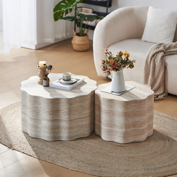 English Elm Set of 2 Round Coffee Tables Beige Brown Faux Mars Pattern MDF, Space-Saving Modern Accent Tables W3040P382320