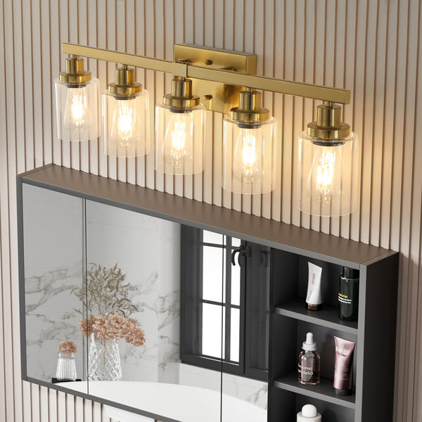 English Elm 31" Golden 5-Light Vanity Light with Clear Glass Shades, Modern Iron Wall Sconce for Bathroom Mirror W2312P374801
